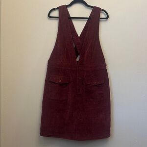 Umgee Red Fall Corduroy Overall Dress Size Large Button Front Criss-cross Back